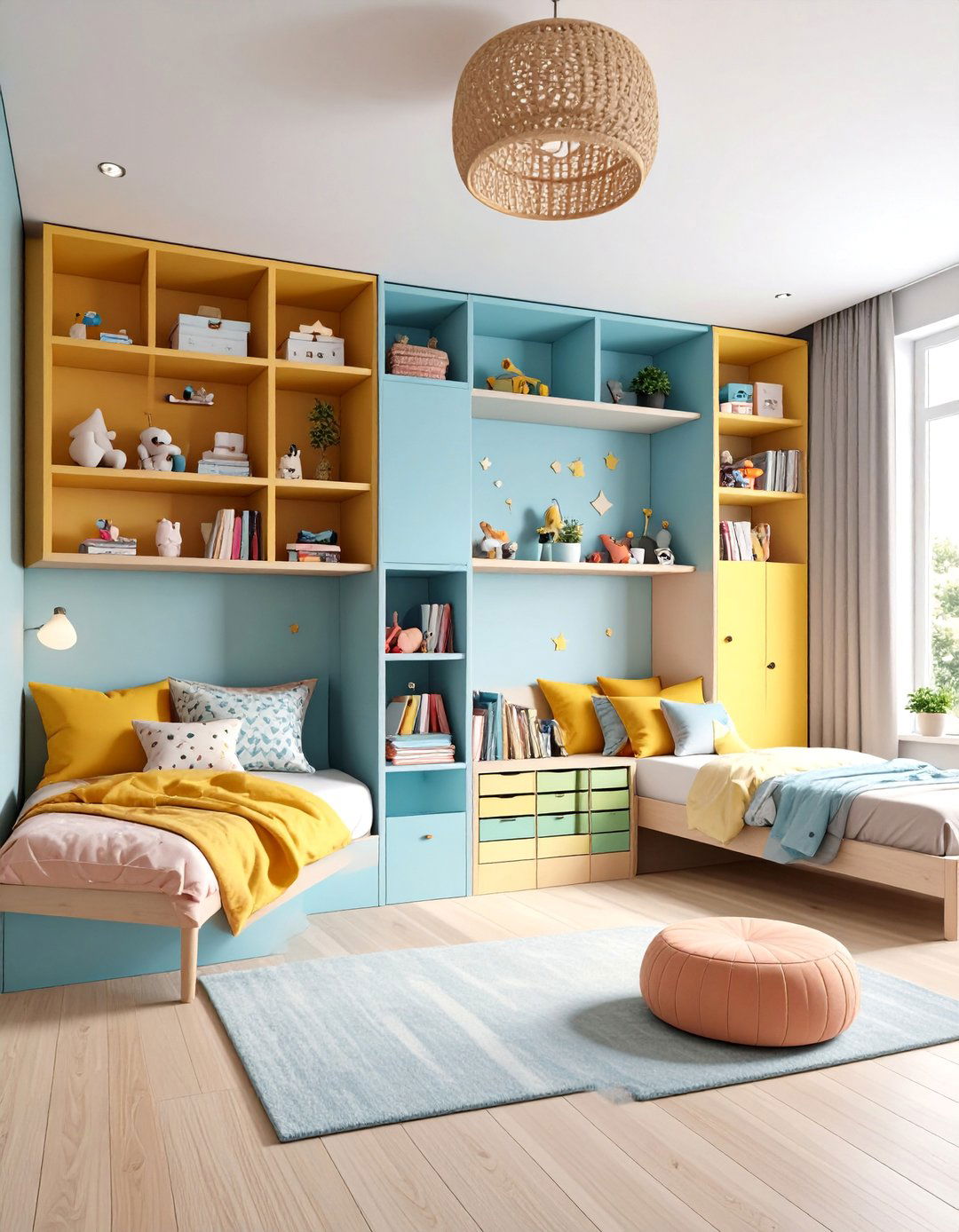 Shared Room with Floating Shelves - 25 Shared Kids' Room Design Ideas