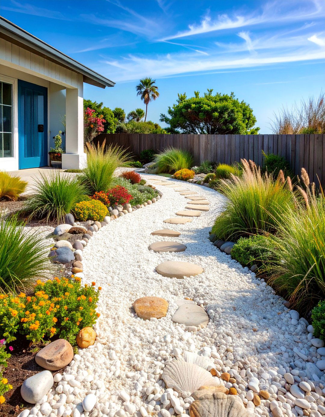 Shell Driveway with Coastal Garden Plantings - 25 Driveway Landscape Ideas