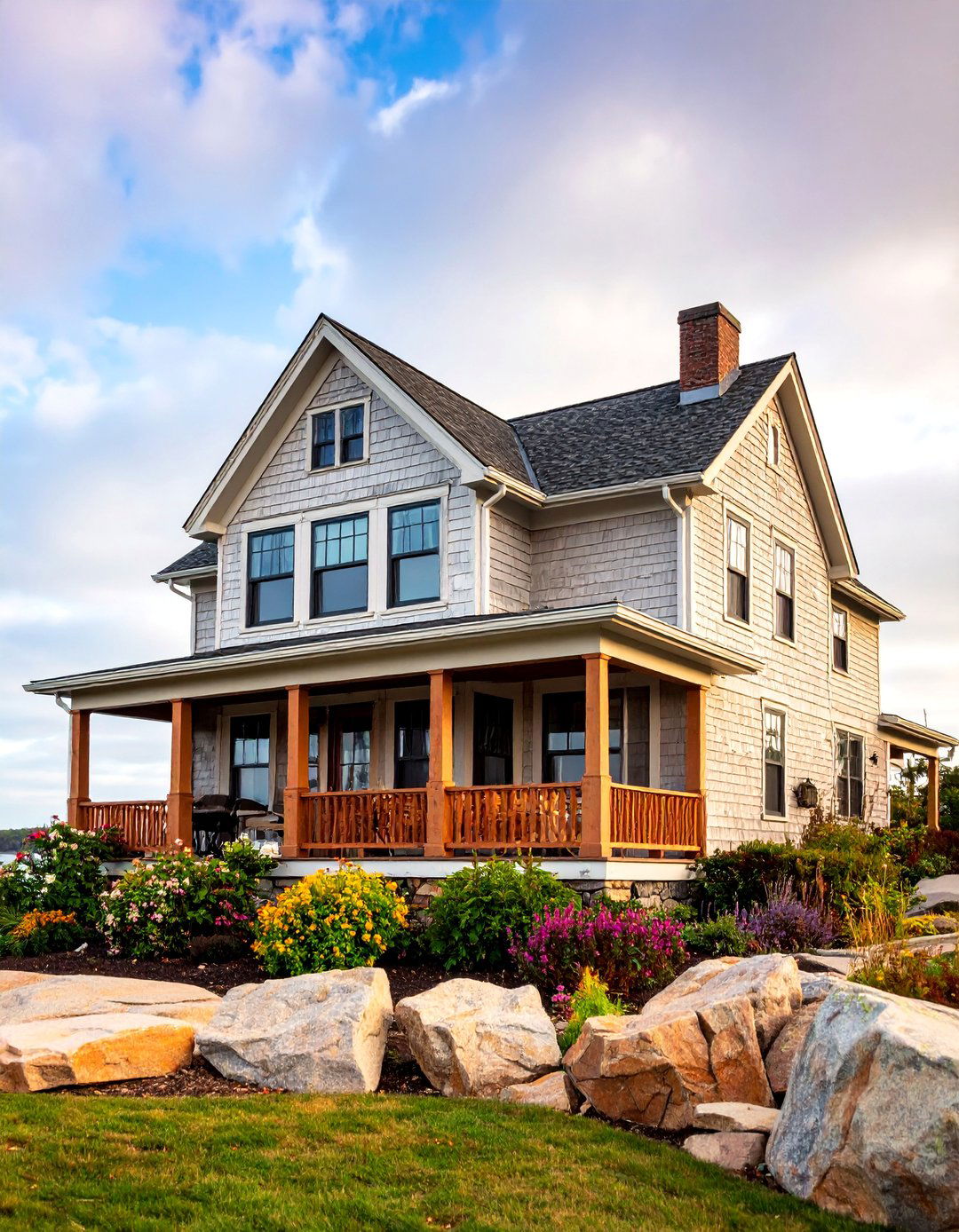 Shingle Style Cream Cedar Shingles with Brown Stone Foundation - 25 Cream and Brown House Exterior Ideas