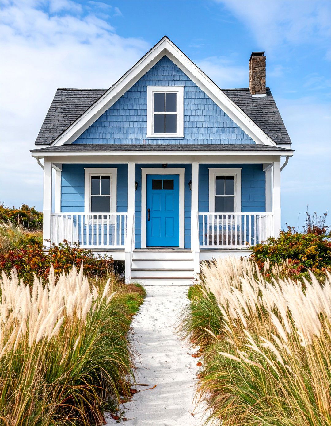 Shingle Style Grey House with Ocean Blue Door - 25 Grey House With Blue Door Ideas