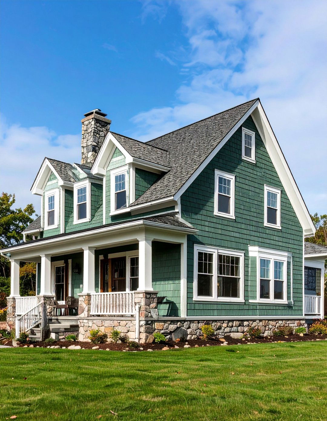 Shingle Style Home with Olive Green Stain - 25 Dark Green Exterior Ideas