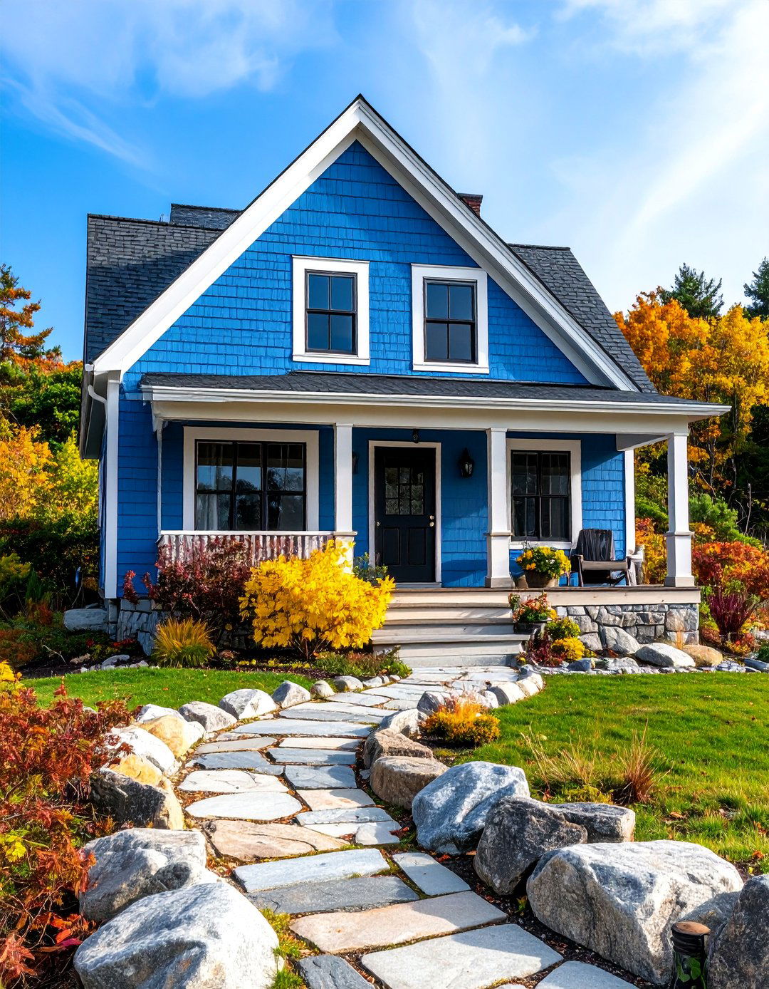 Shingle Style White House with Weathered Black Door - 25 White House Ideas With Black Doors