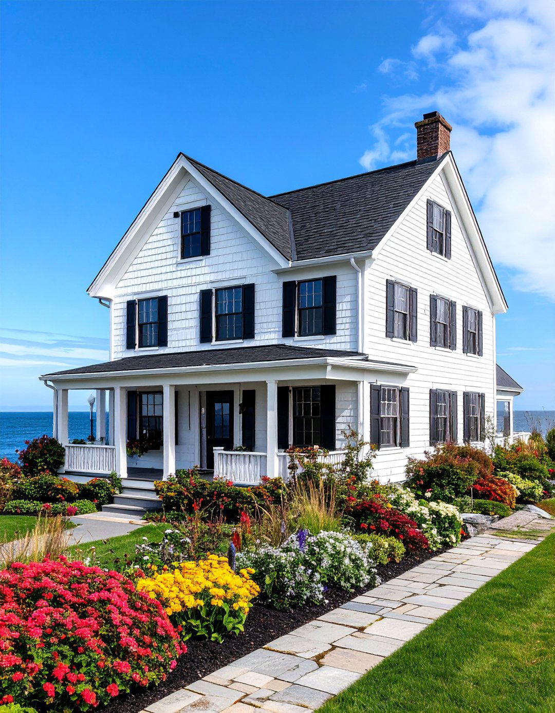 Shingle Style with Black Window Trim - 25 single story white house black trim