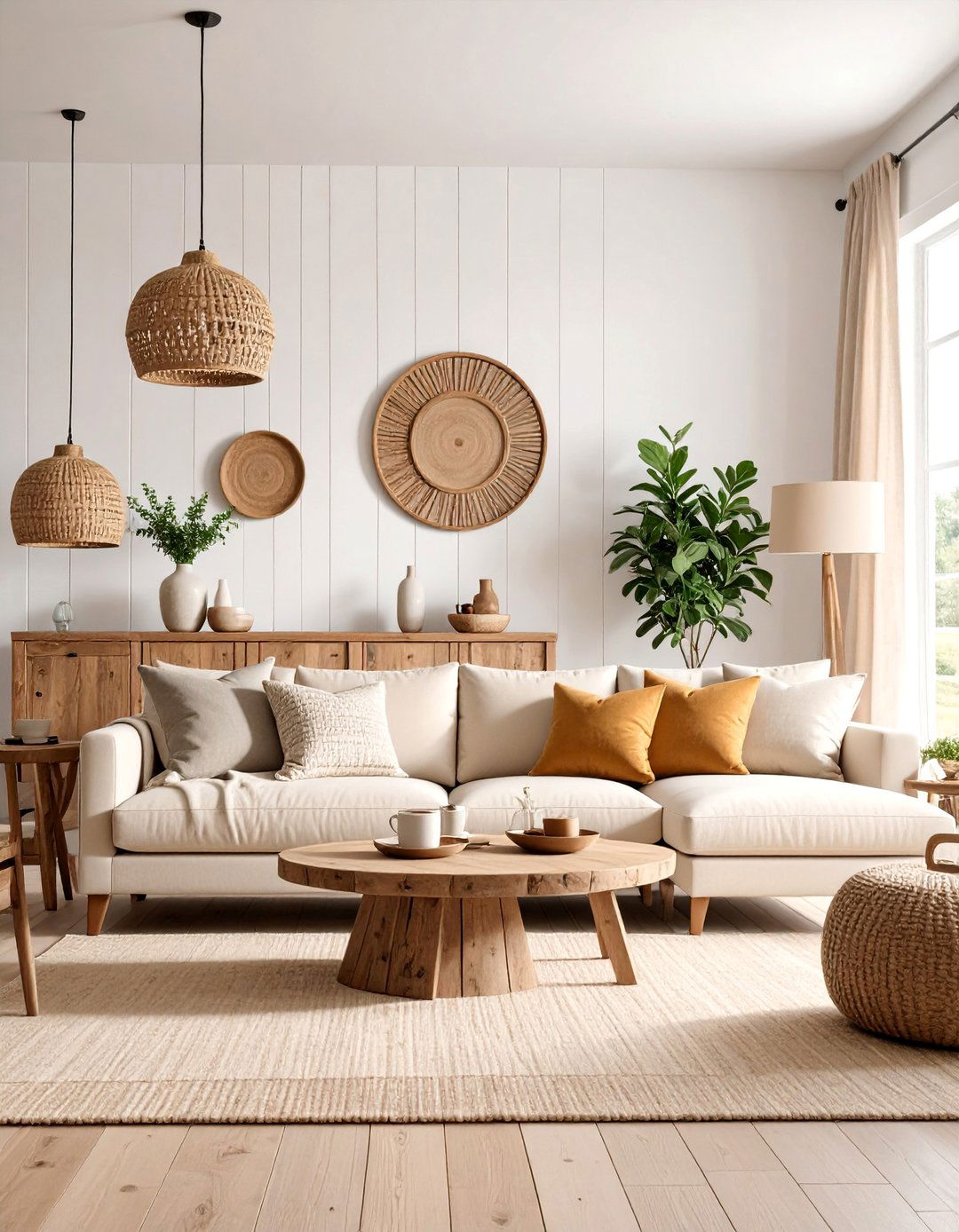 Shiplap Accent Wall Living Room with Neutral Furnishings - 25 Joanna Gaines Living Room Ideas