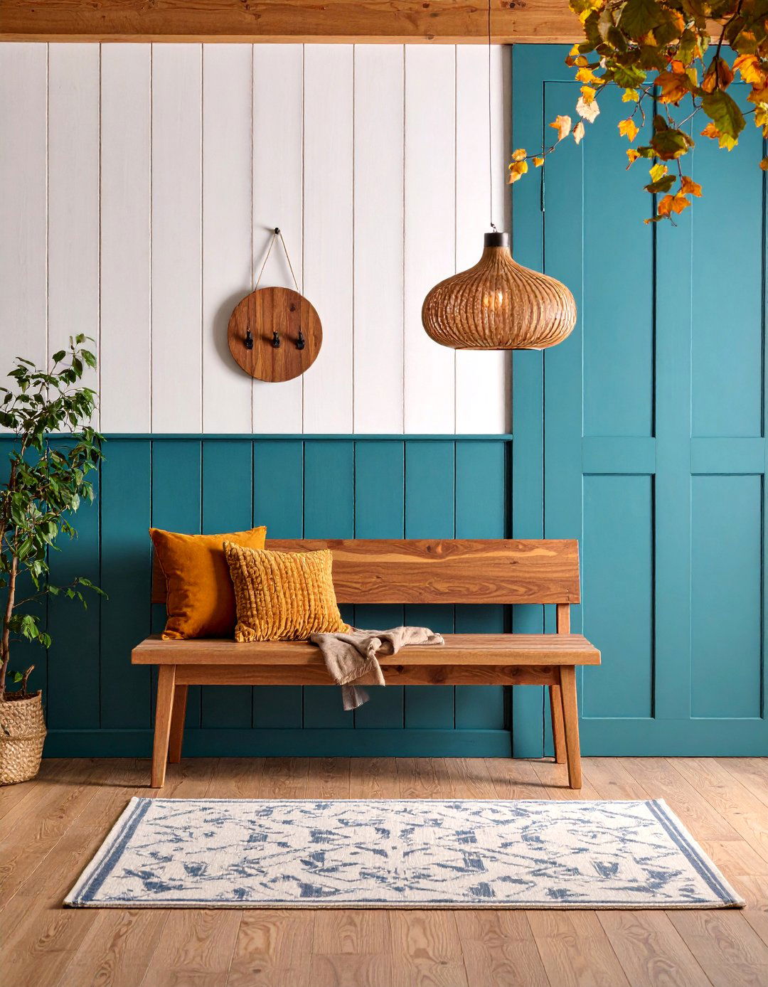 Shiplap Accent Wall with Floating Bench - 25 Farmhouse Entryway Ideas