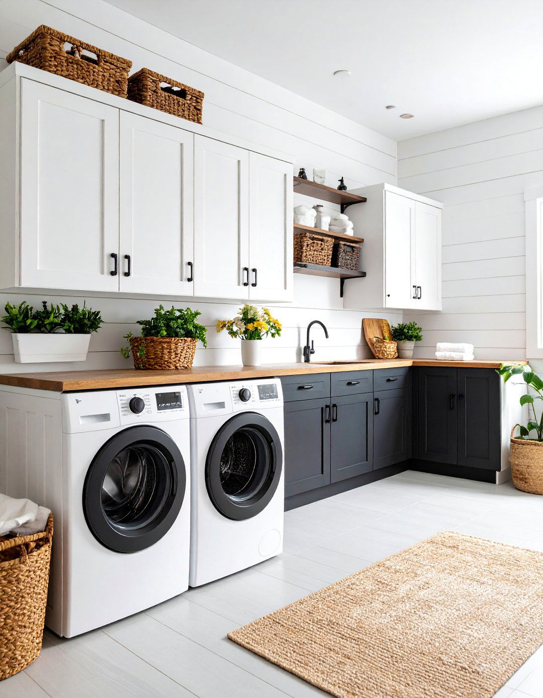 Shiplap Accent Wall with Mixed Cabinets - 25 Black and White Laundry Room Ideas