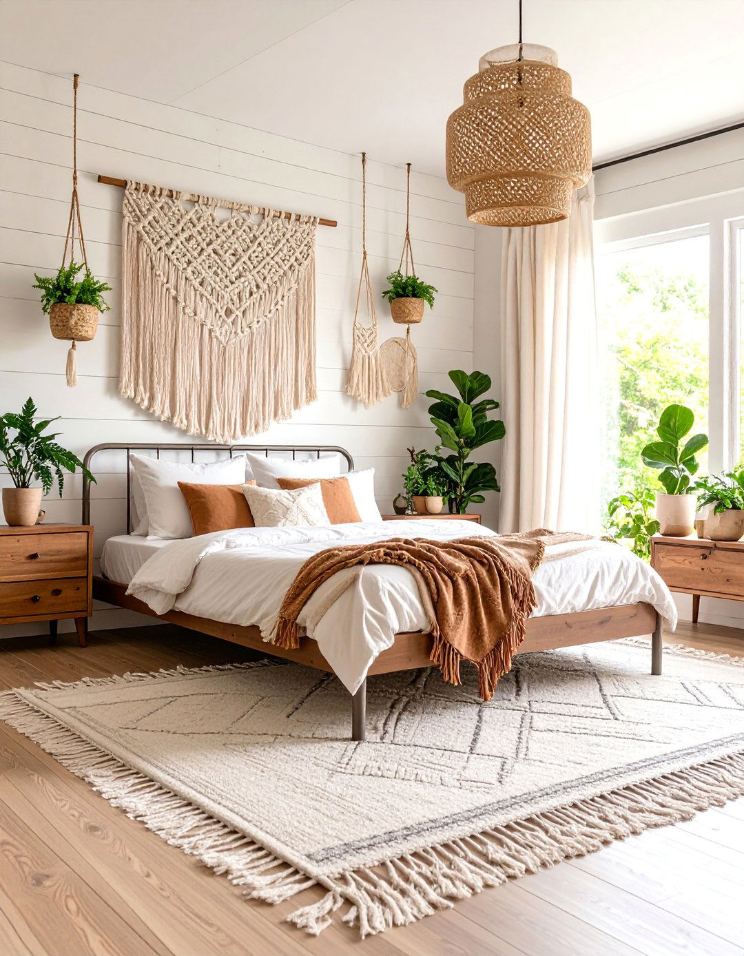 Shiplap Bedroom with Macrame Wall Art - 25 Boho Farmhouse Decor Ideas