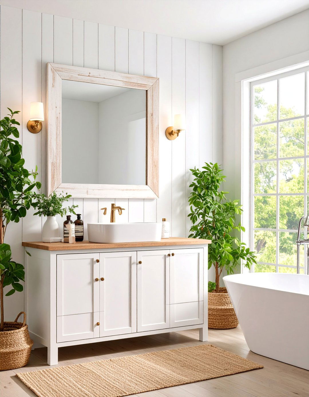 Shiplap Framed Vanity Mirror with Distressed White Finish - 25 Farmhouse Bathroom Mirrors Ideas