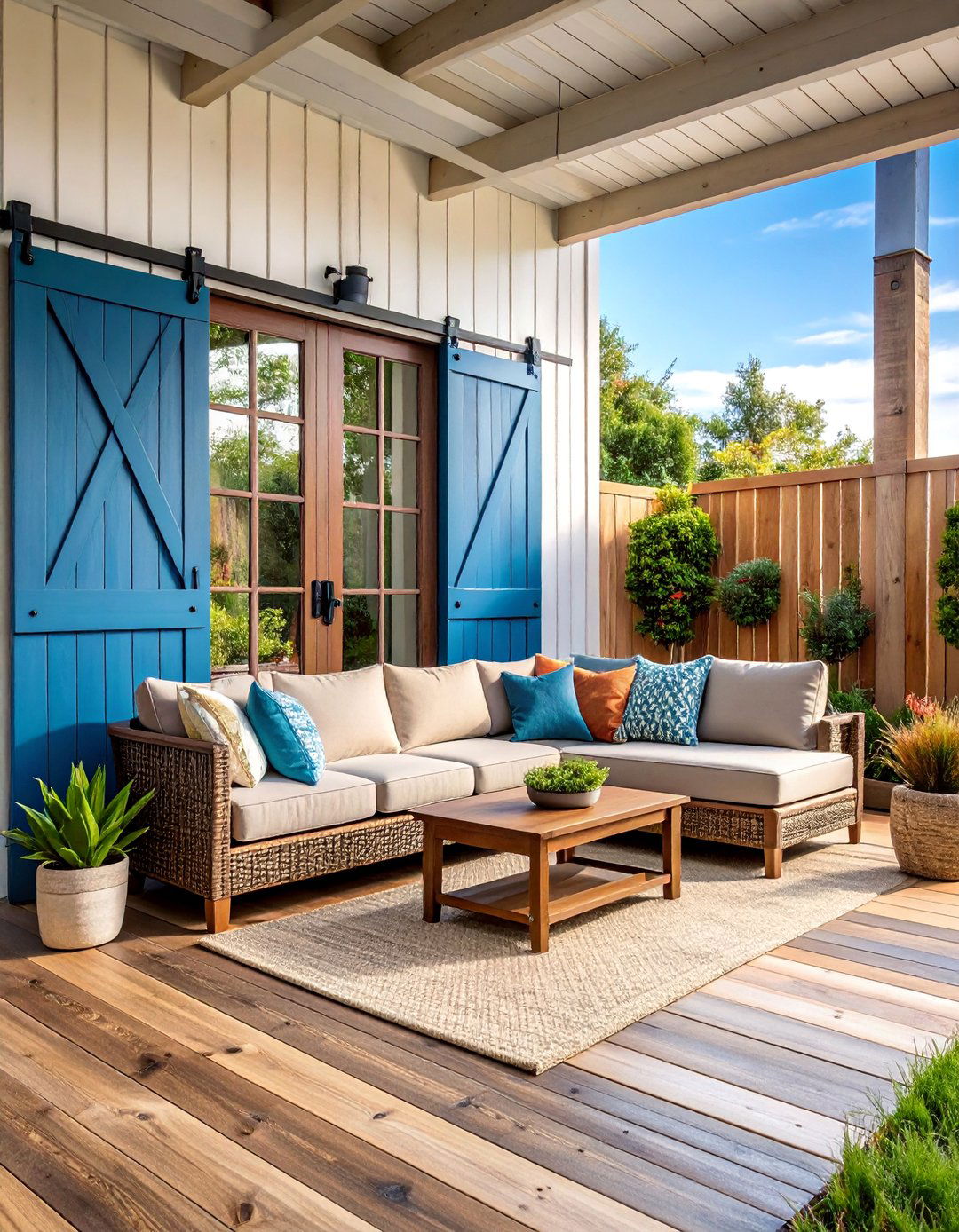 Shiplap Privacy Wall Patio with Barn Door Accents - 25 Farmhouse Patio Ideas