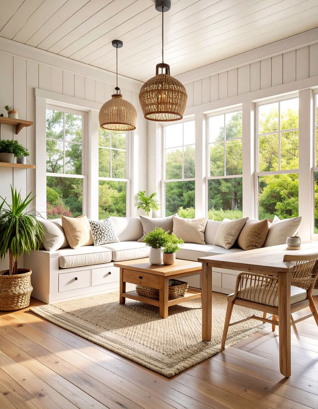 Shiplap Wall Sunroom with Built in Window Seats - 25 Rustic Sunroom Ideas