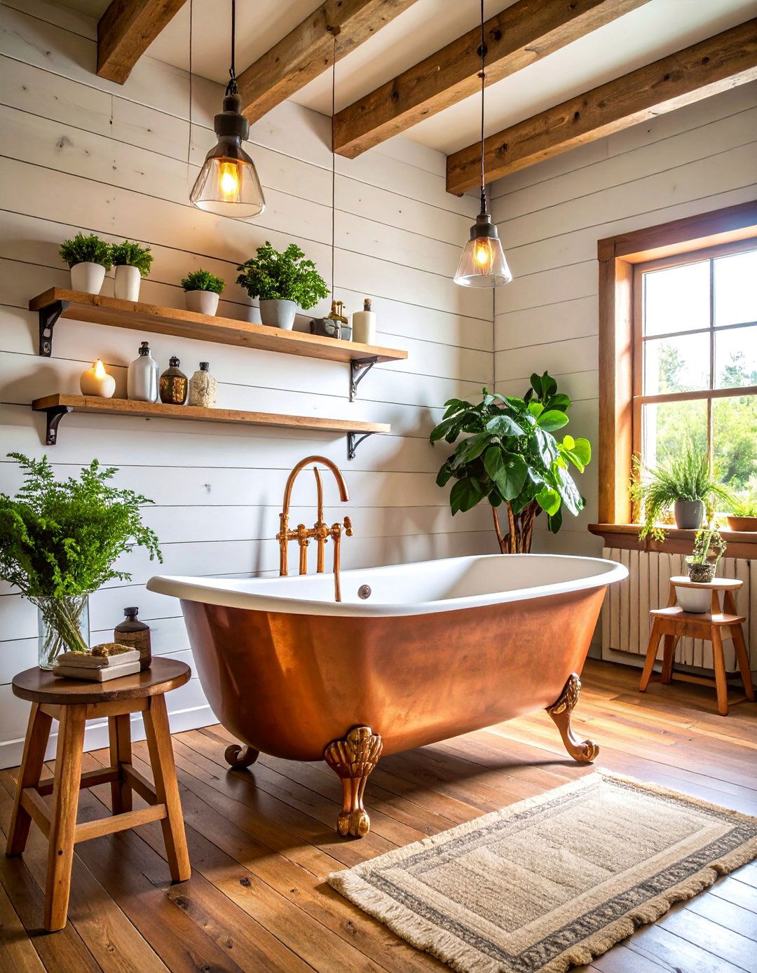 Shiplap Walls with Copper Fixtures - 25 Cottage Bathroom Ideas