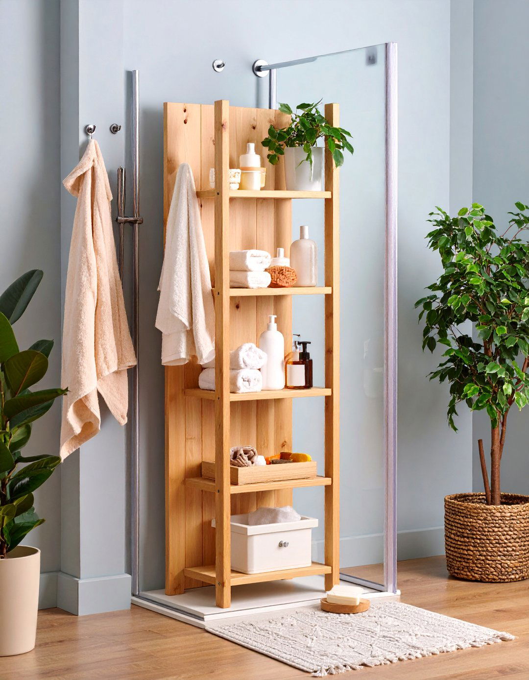 Shower Caddy with Integrated Towel Hook Storage - 25 Towel Storage Ideas