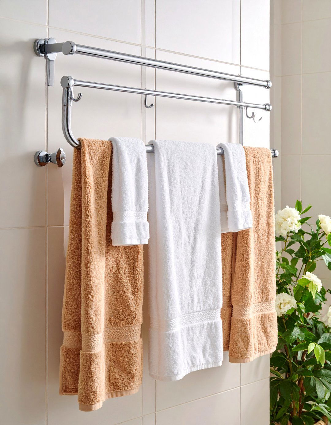 Shower Door Towel Bar with Integrated Hooks - 25 Shower Storage Ideas