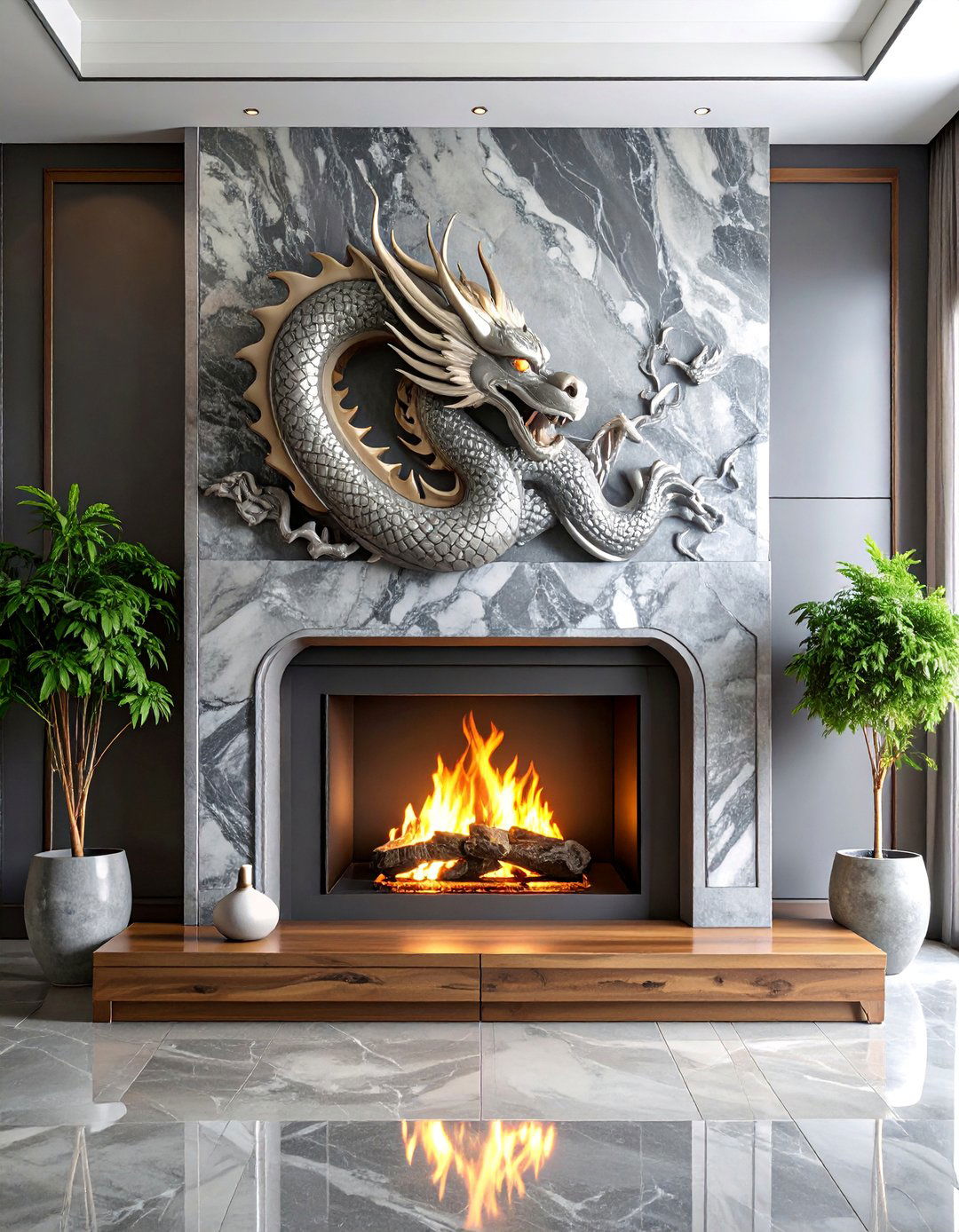 Silver Dragon Marble Fireplace with Contemporary Asian Influence - 25 Marble Fireplace Ideas