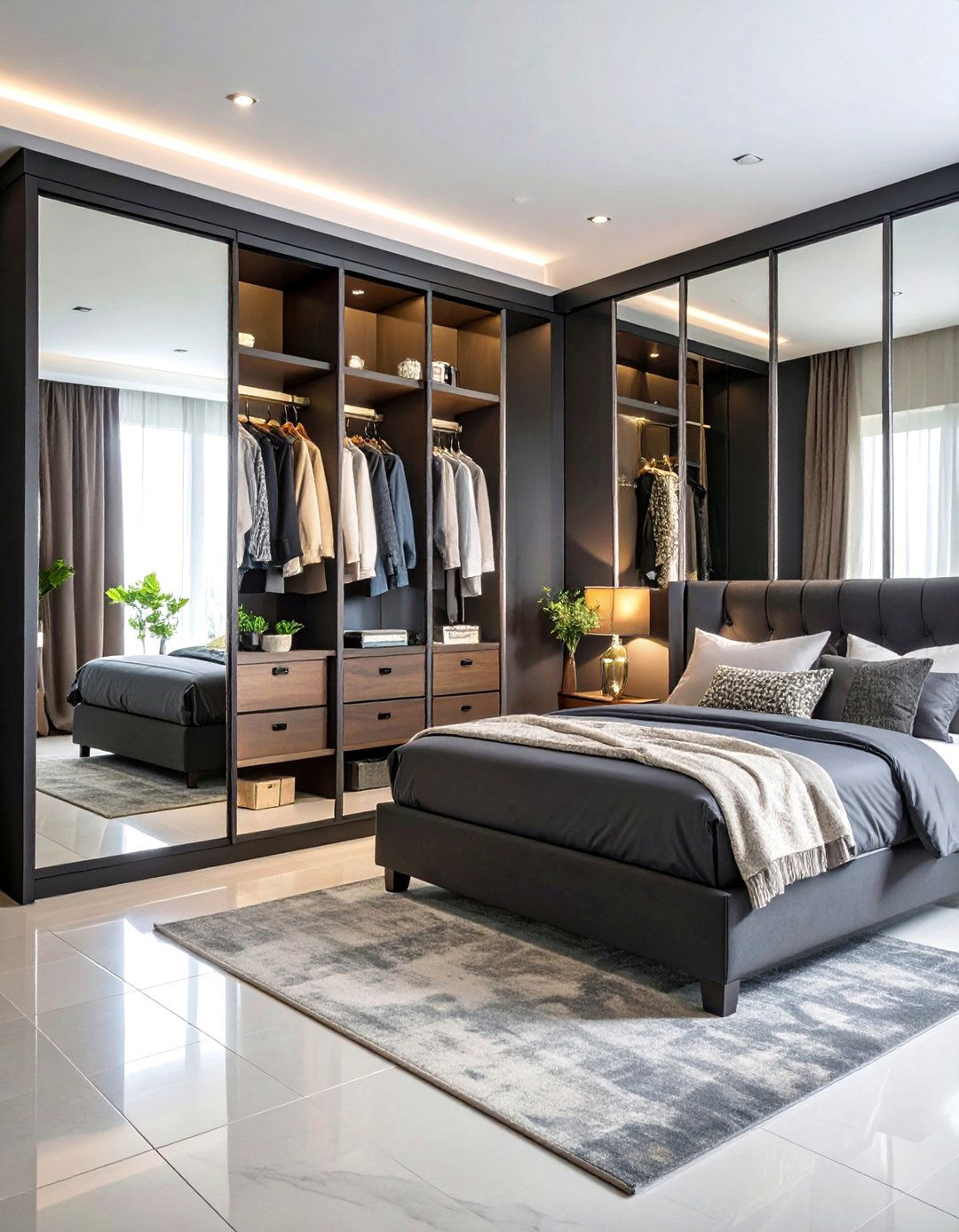 Silver Mirrored Closet Doors with Black Bedroom Decor - 25 Black and Silver Bedroom Ideas
