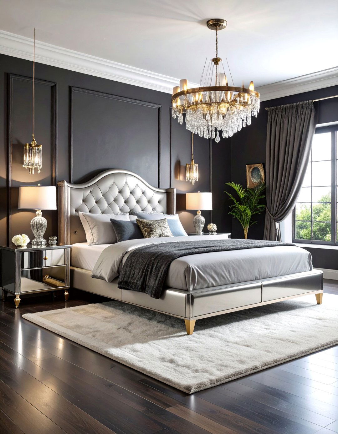 Silver Mirrored Furniture with Black Accent Walls - 25 Black and Silver Bedroom Ideas