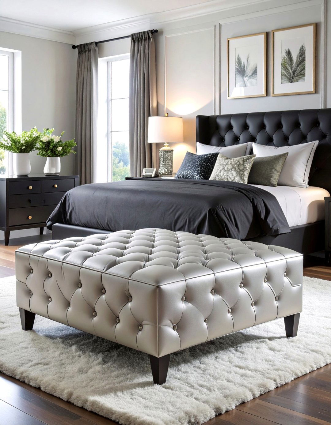 Silver Tufted Ottoman with Black Bedroom Suite - 25 Black and Silver Bedroom Ideas