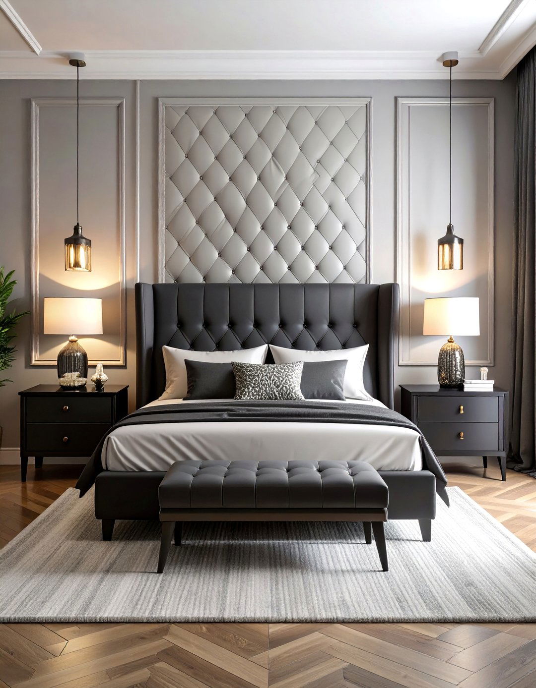 Silver Wallpaper with Black Furniture Silhouettes - 25 Black and Silver Bedroom Ideas