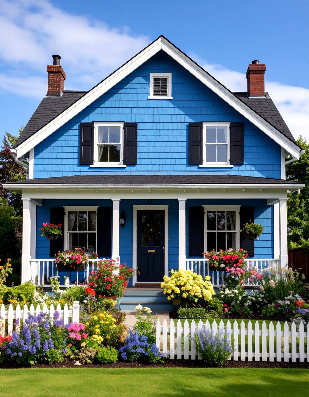 Sky Blue Cottage with Black Window Boxes - 25 Blue House With Black Trim Ideas