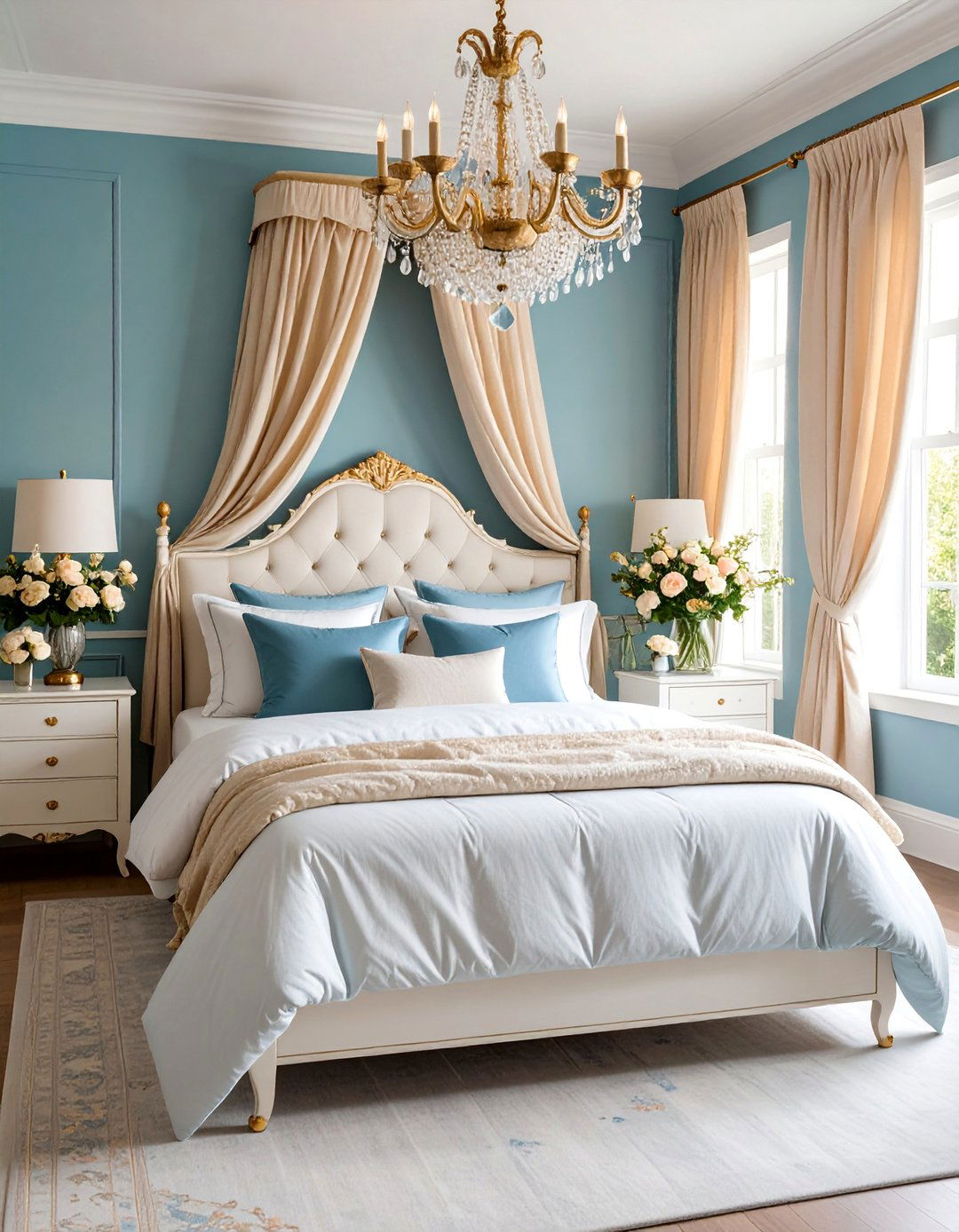 Sky Blue and Champagne Gold Romantic Bedroom - 25 Blue and Gold Bedroom Ideas