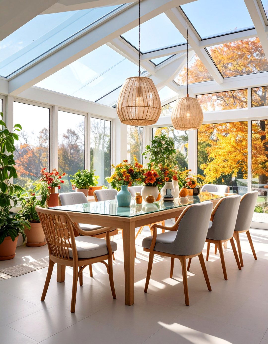 Skylight Enhanced Sunroom Dining Room with Natural Illumination - 25 Sunroom Dining Room Ideas