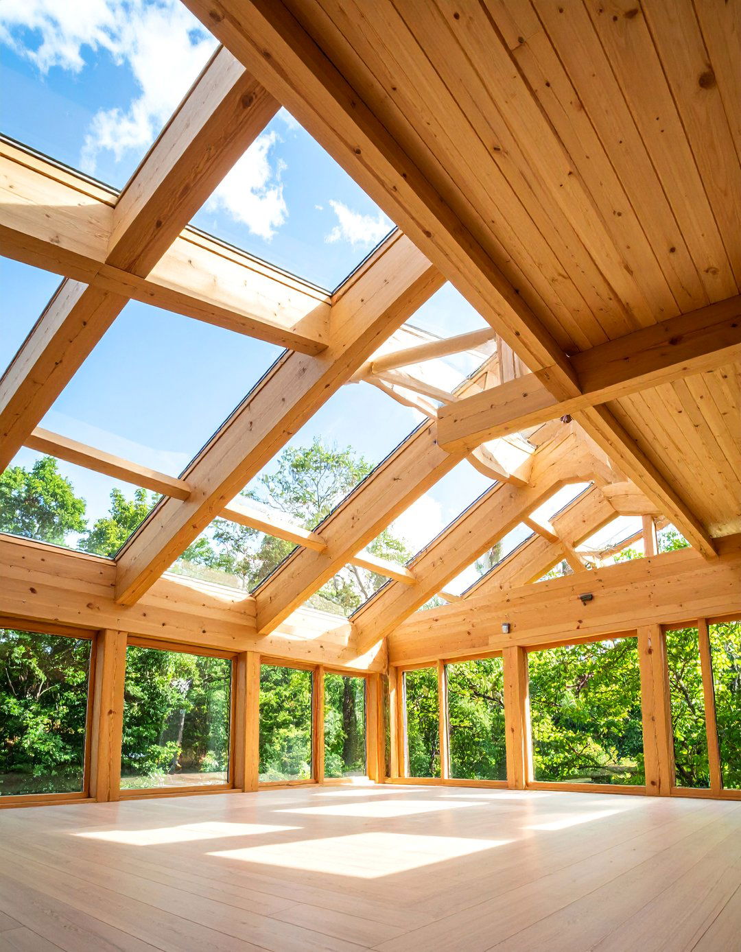 Skylighted Cathedral Sunroom Ceiling with Natural Wood Beams - 25 Sunroom Ceiling Ideas