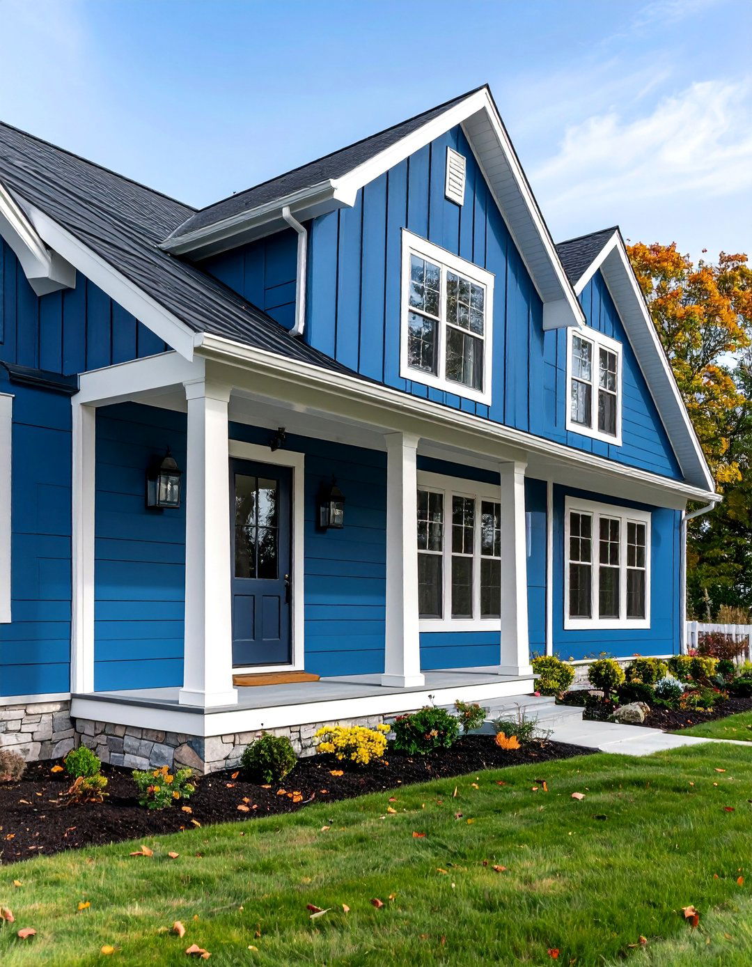 Slate Blue Board and Batten with White Stone Trim - 25 Midnight Blue & Dark Blue House Siding Colors