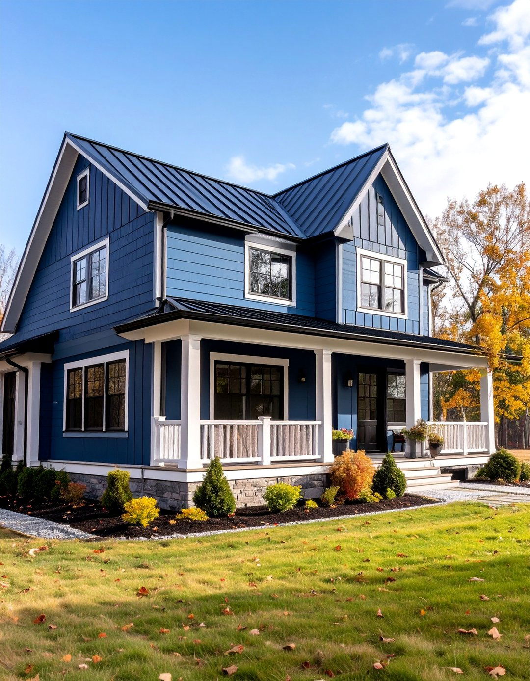 Slate Blue Farmhouse with Black Window Frames - 25 Blue House With Black Trim Ideas