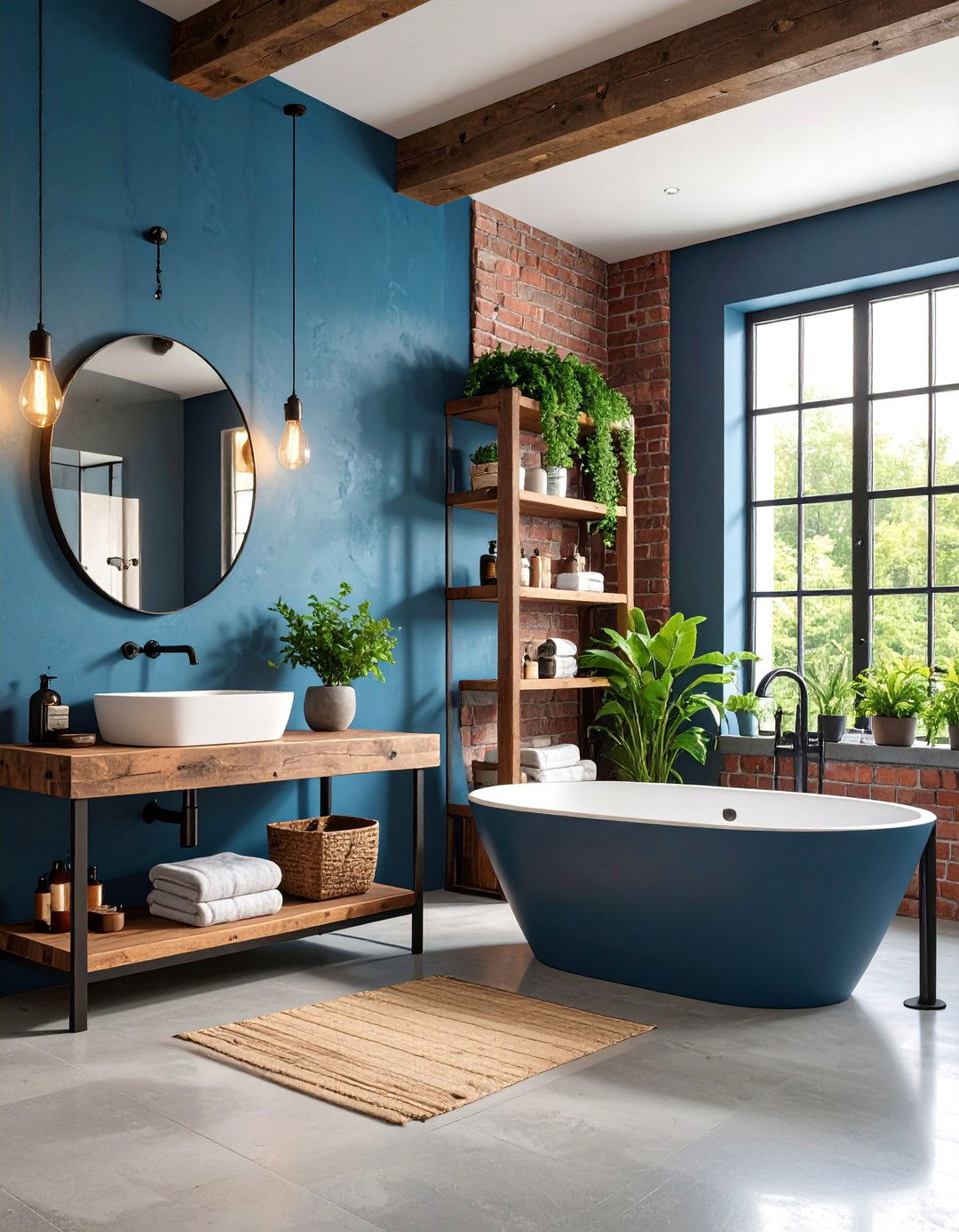 Slate Blue Industrial Powder Room with Exposed Elements - 25 blue powder room ideas