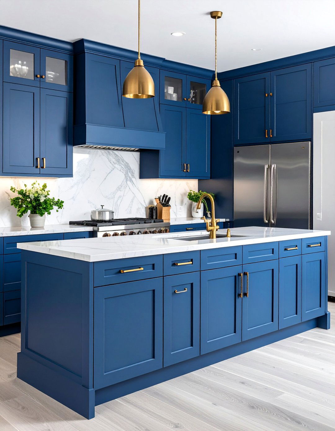 Slate Blue Transitional Kitchen with Mixed Metal Hardware - 25 Kitchen With Colored Appliances Ideas