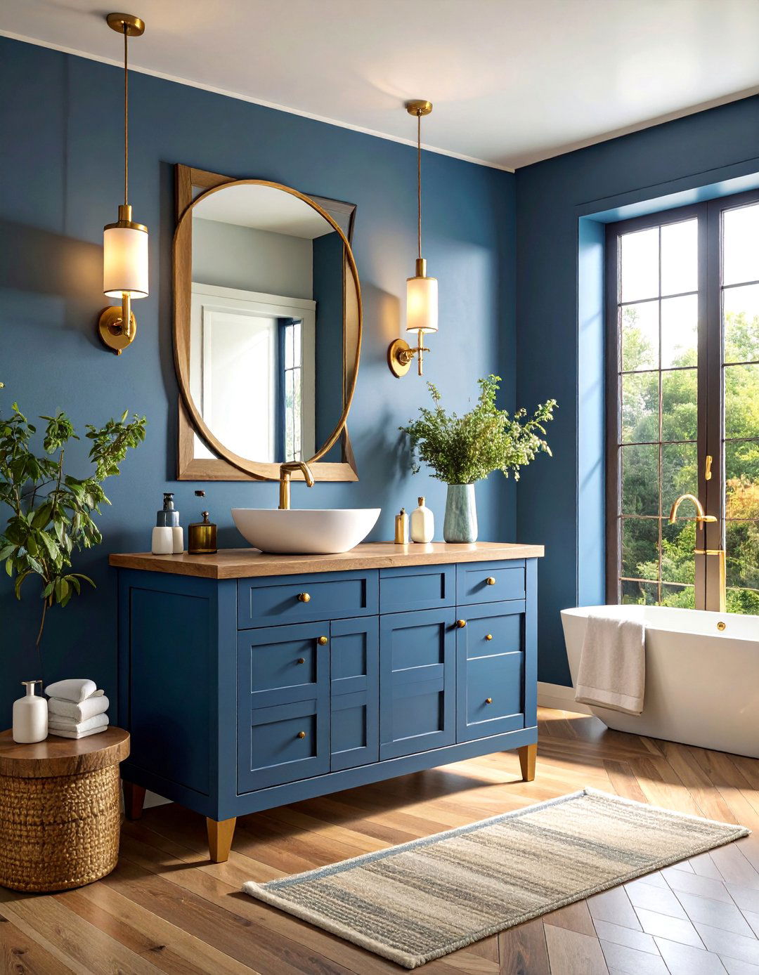 Slate Blue Vanity with Brass and Wood Combination - 25 Blue Bathroom Vanity Ideas