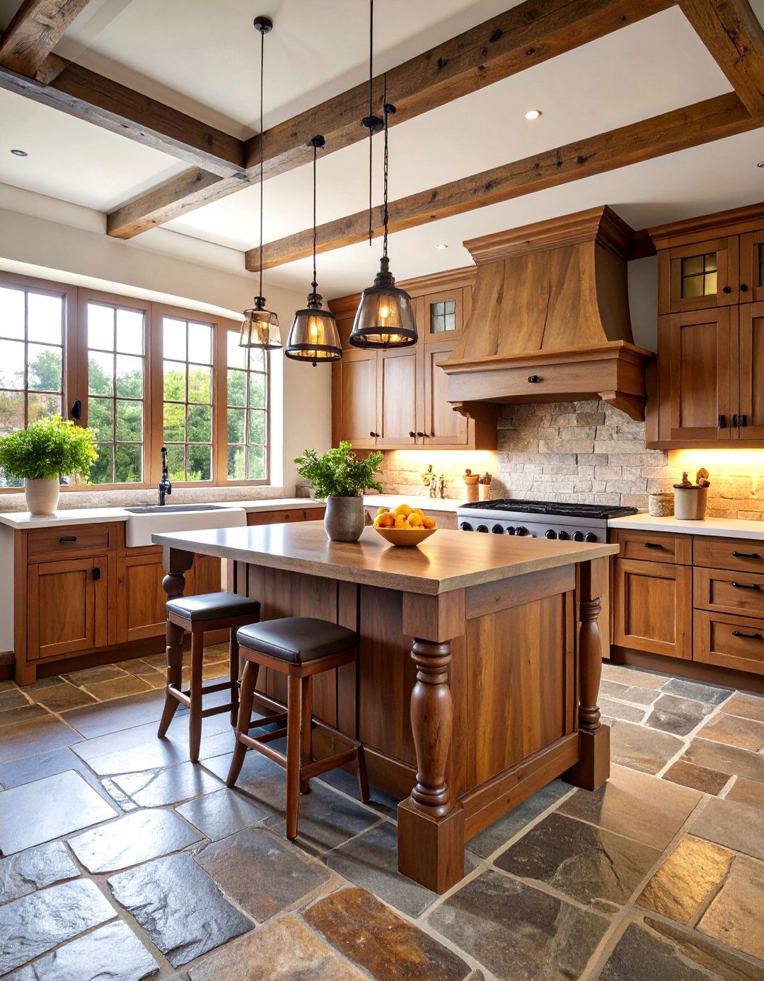 Slate Floor Kitchen with Textured Stone Backsplash - 25 Tudor Kitchen Ideas