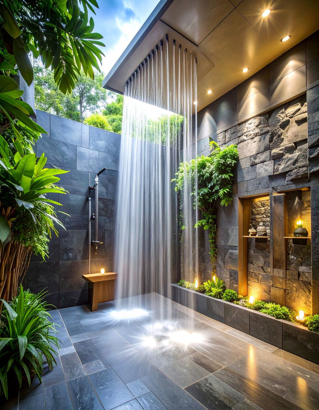 Slate Shower Sanctuary with Waterfall Features - 25 Stone Bathroom Ideas