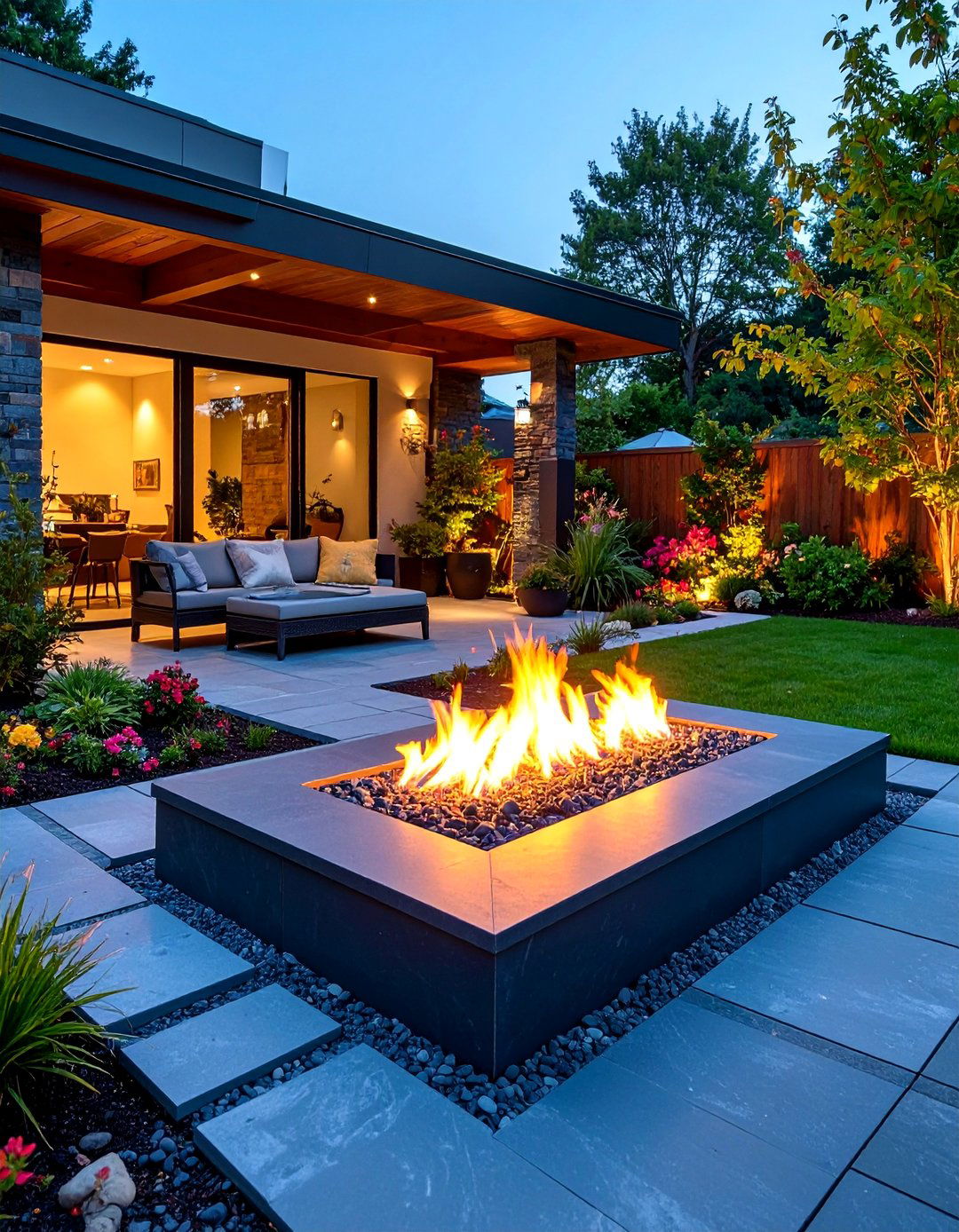Slate Stone with Modern Linear Fire Trough - 25 Stone Patio With a Fire Pit Ideas