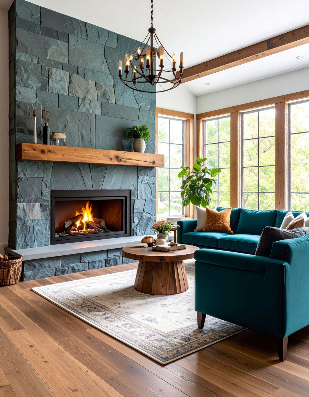 Slate Surround Rustic Fireplace with Sleek Styling - 25 Rustic Fireplaces