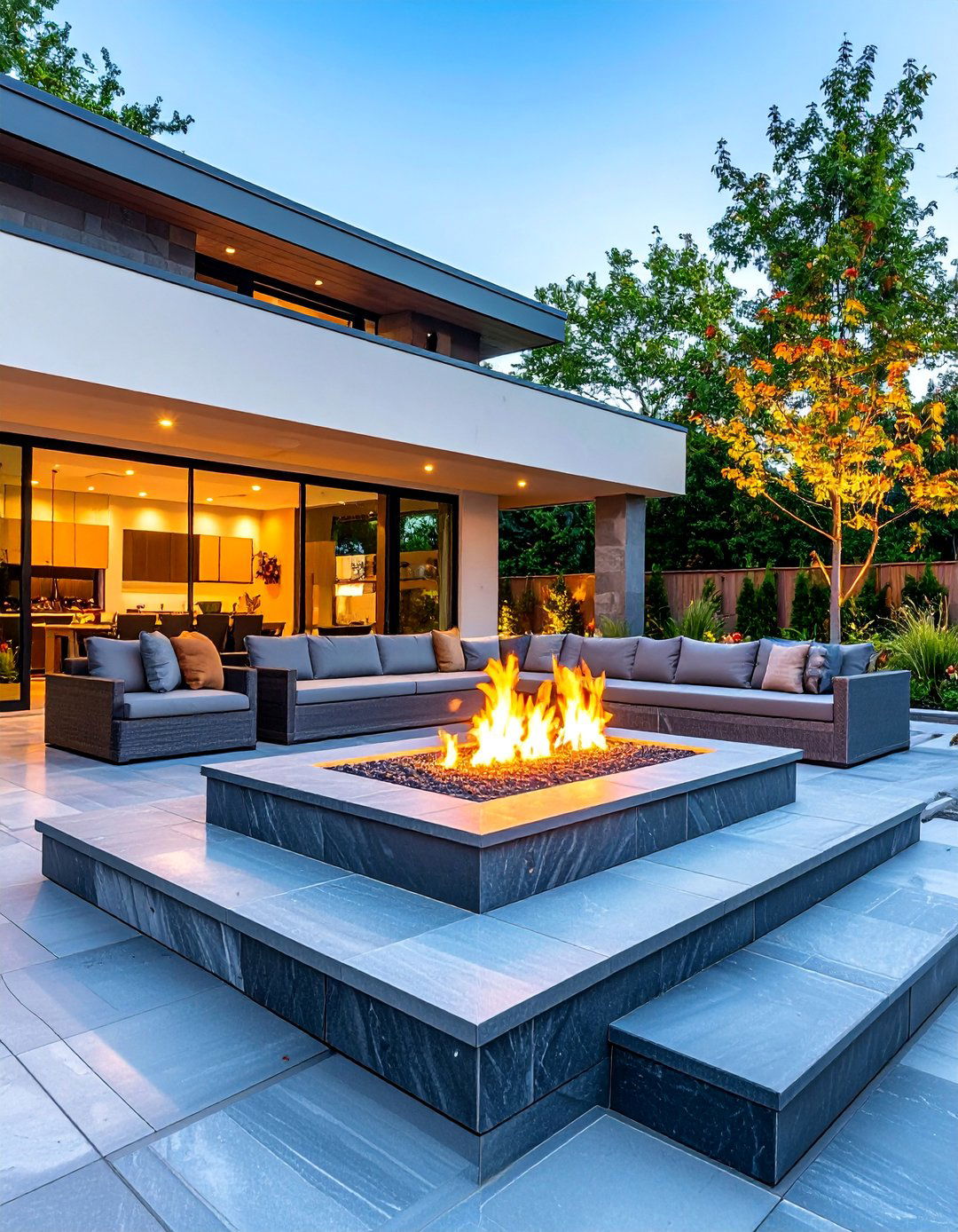 Slate Tile Pattern with Multi Level Fire Feature - 25 stamped concrete patio with fire pit ideas