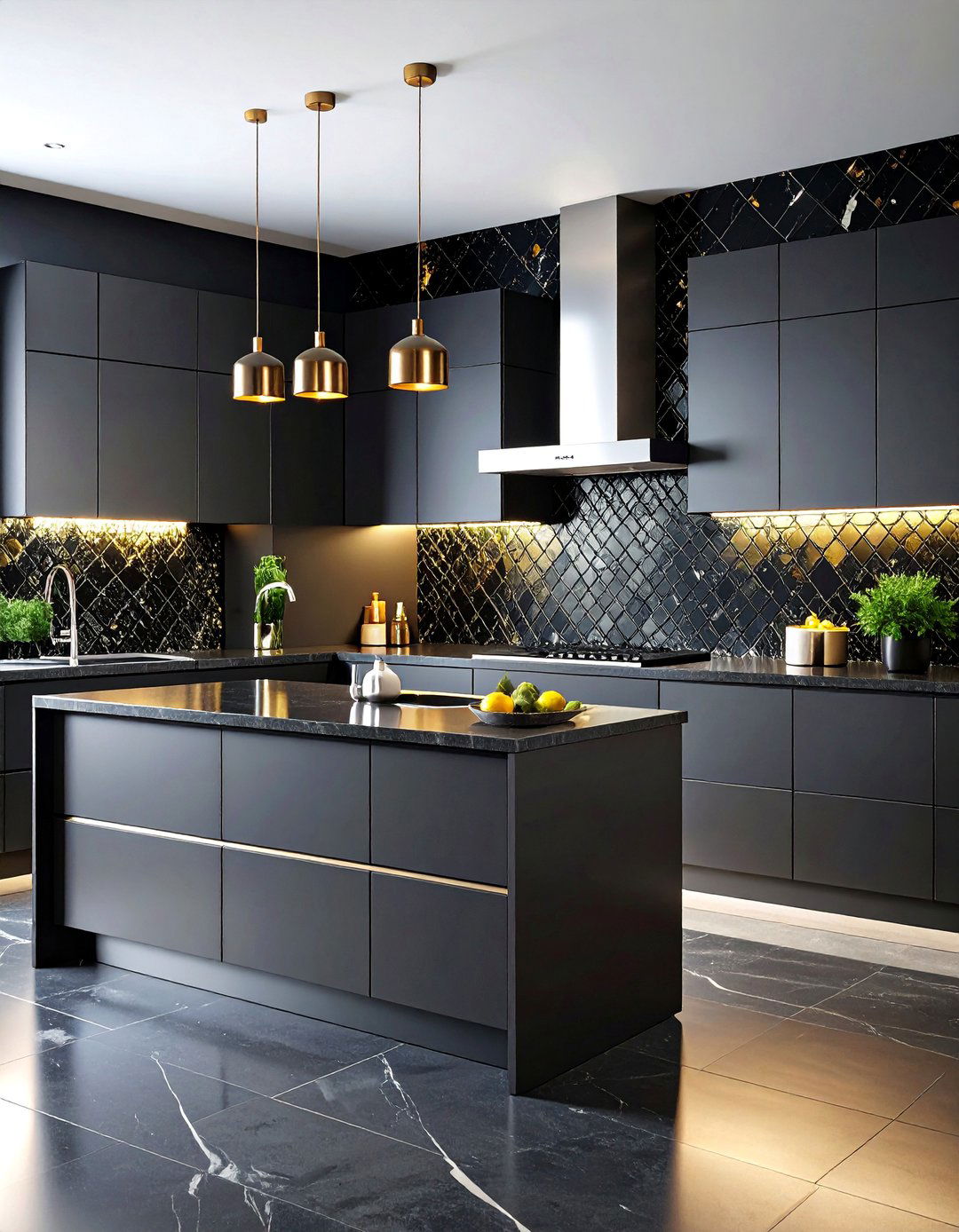 Sleek Black Glass Mosaic with Metallic Highlights - 25 Kitchen With Black Backsplash