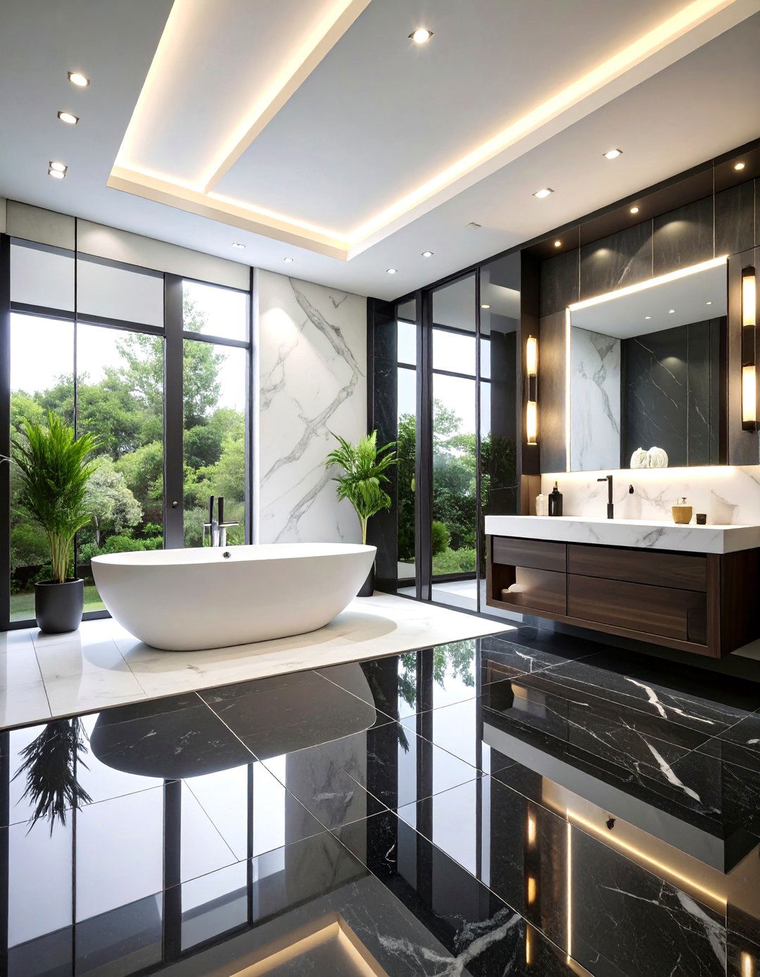 Sleek Black Glass Tile Floor with White Quartz Walls - 25 Black Floor Bathroom With White Walls Ideas