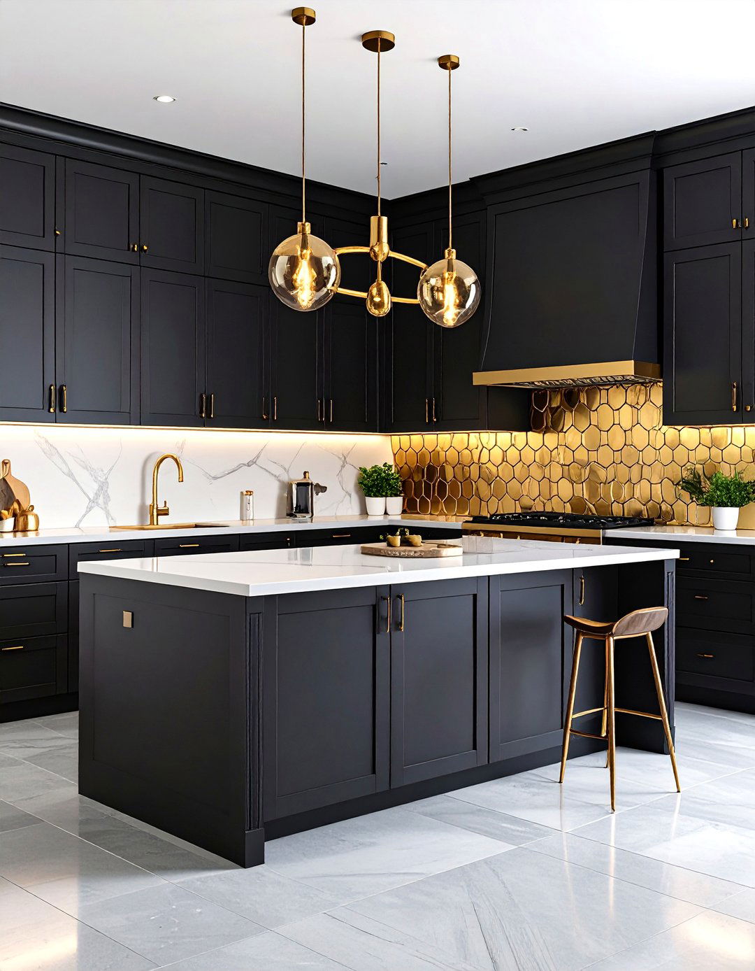 Sleek Black Kitchen with Gold Statement Lighting - 25 black white and gold kitchen ideas