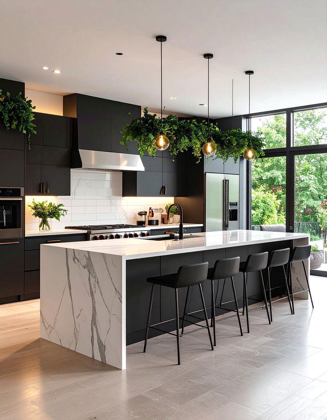 Sleek Contemporary Black Kitchen with Waterfall Island - 25 Kitchens With Black Cabinets