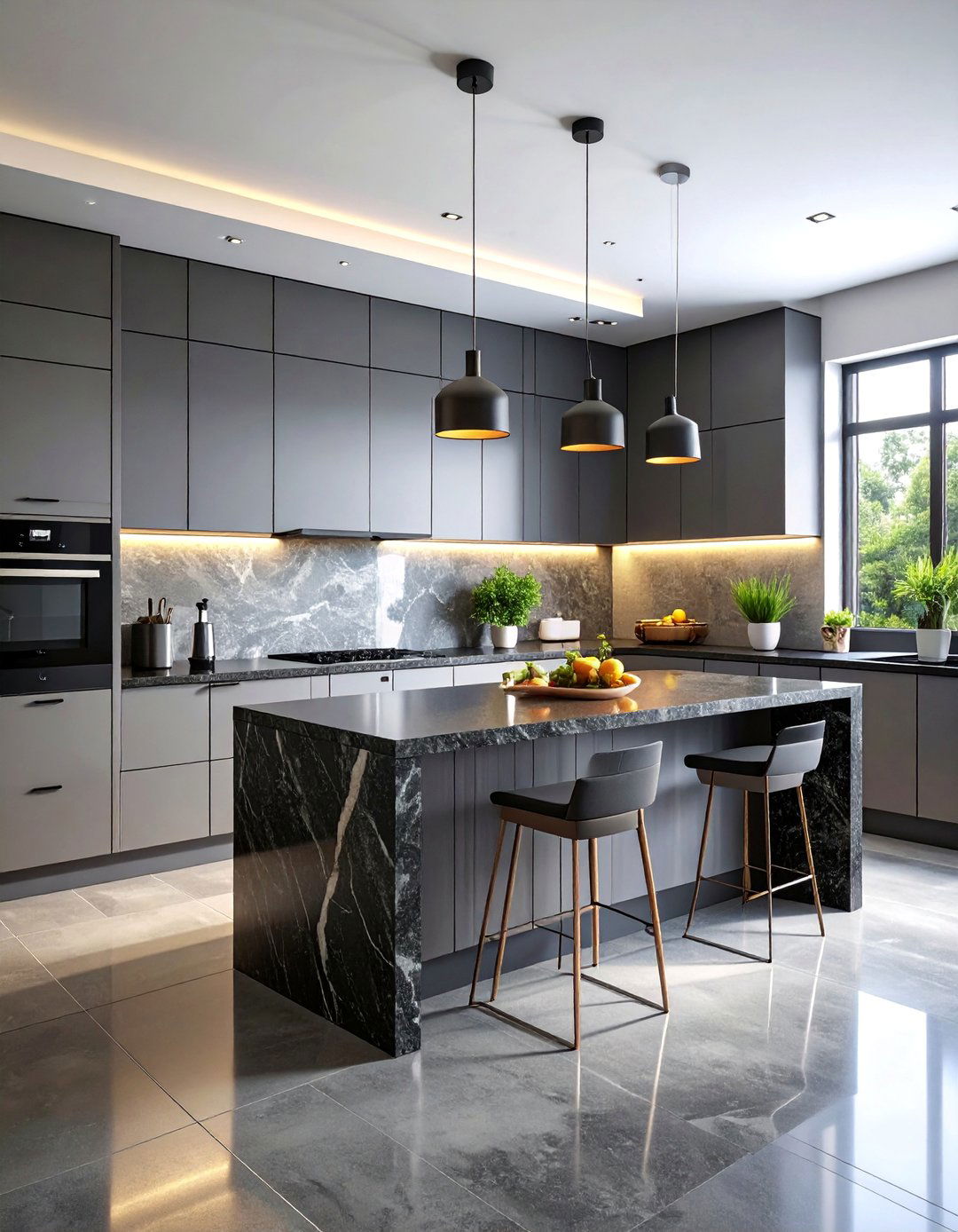 Sleek Contemporary Kitchen with Black Granite and Light Gray Cabinets - 25 kitchen with dark countertops and light cabinets