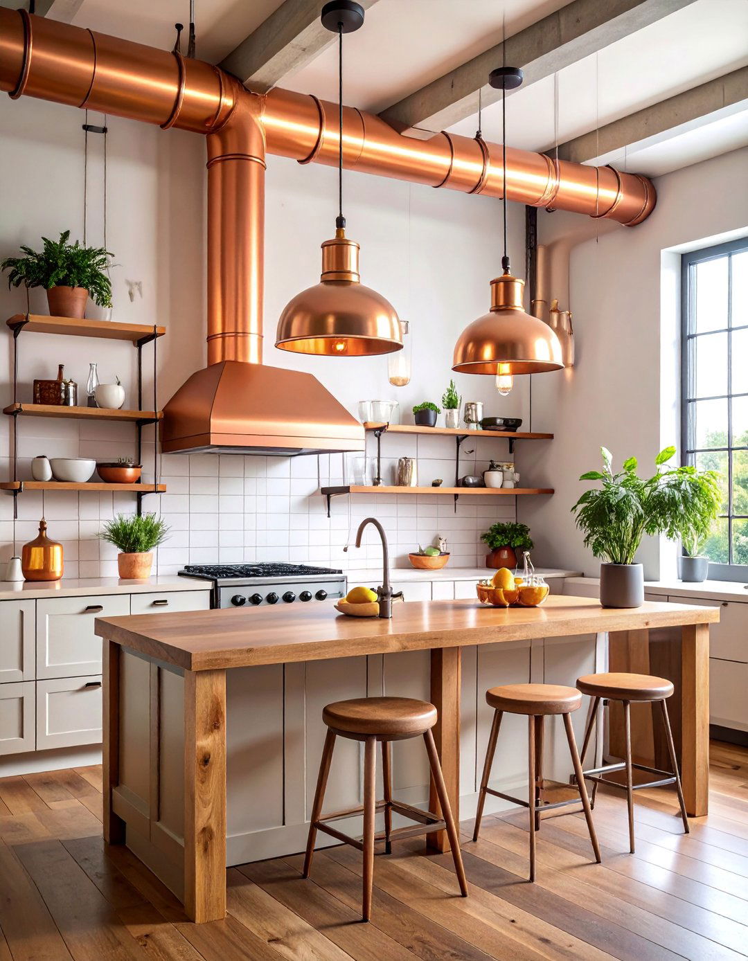 Sleek Copper Pipe Industrial Lighting - 25 Kitchen Island Lighting Ideas
