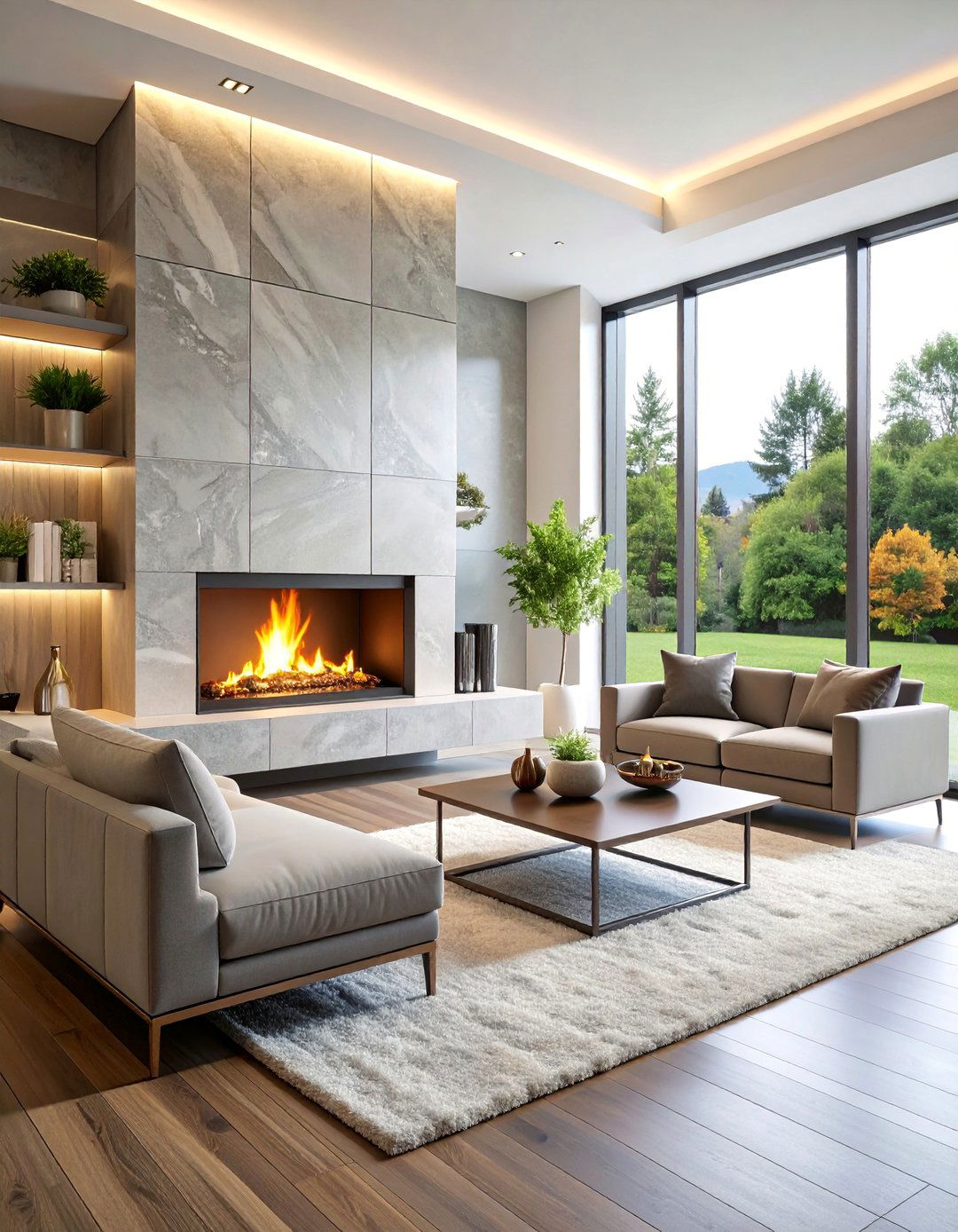Sleek Linear Electric Fireplace with Floor to Ceiling Stone - 25 Faux Fireplace Ideas