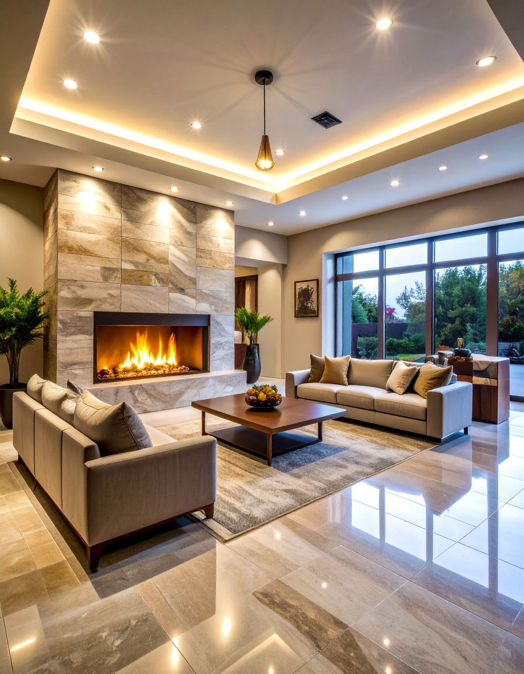 Sleek Ribbon Gas Fireplace with Marble Surround and Accent Lighting - 25 Basement Fireplace Ideas