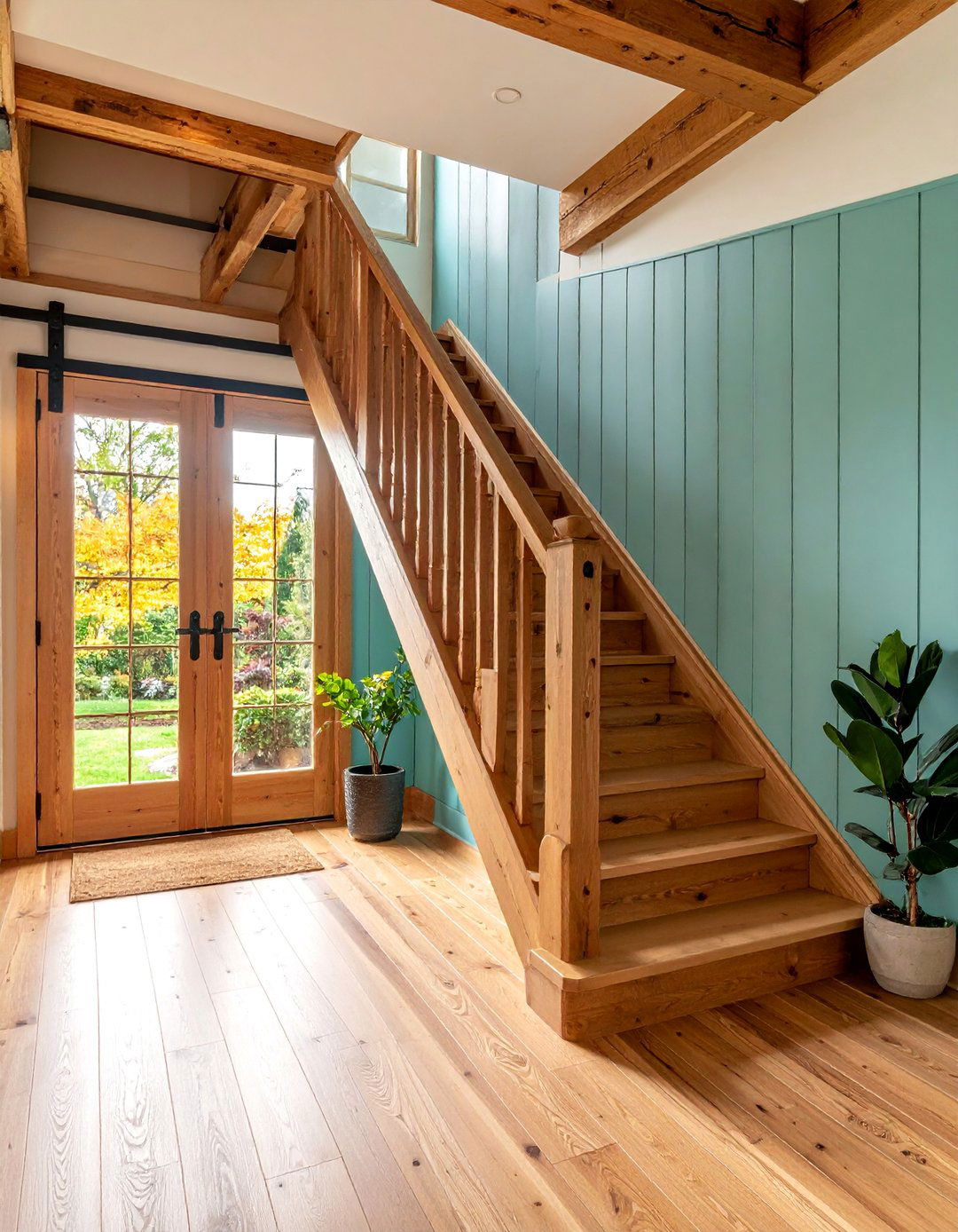 Sliding Barn Door Hardware as Stair Accent - 25 Farmhouse Rustic Stair Railing Ideas