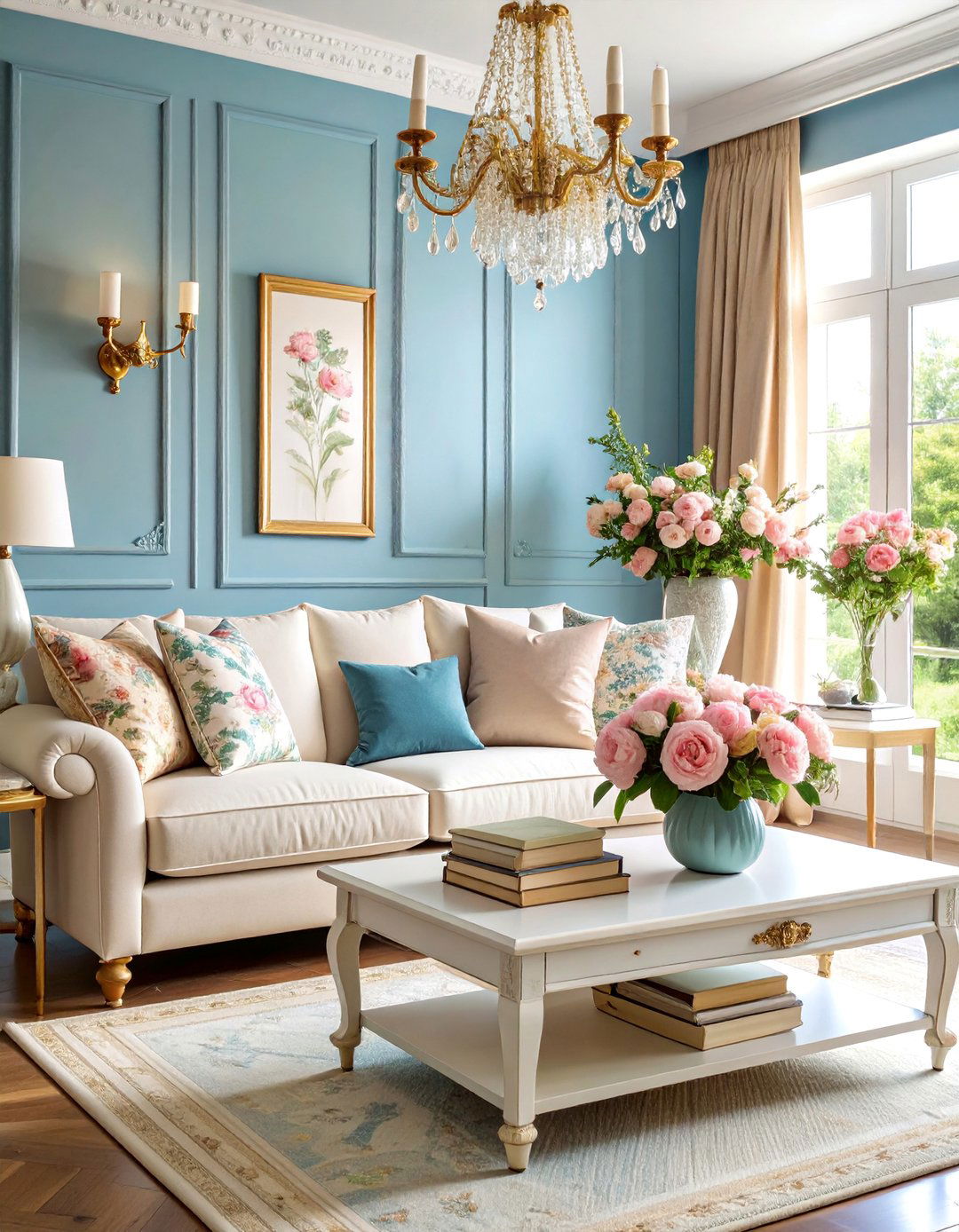 Slipcovered Sofa Living Room with Vintage Rose Prints - 25 Shabby-chic Style Living Room Ideas