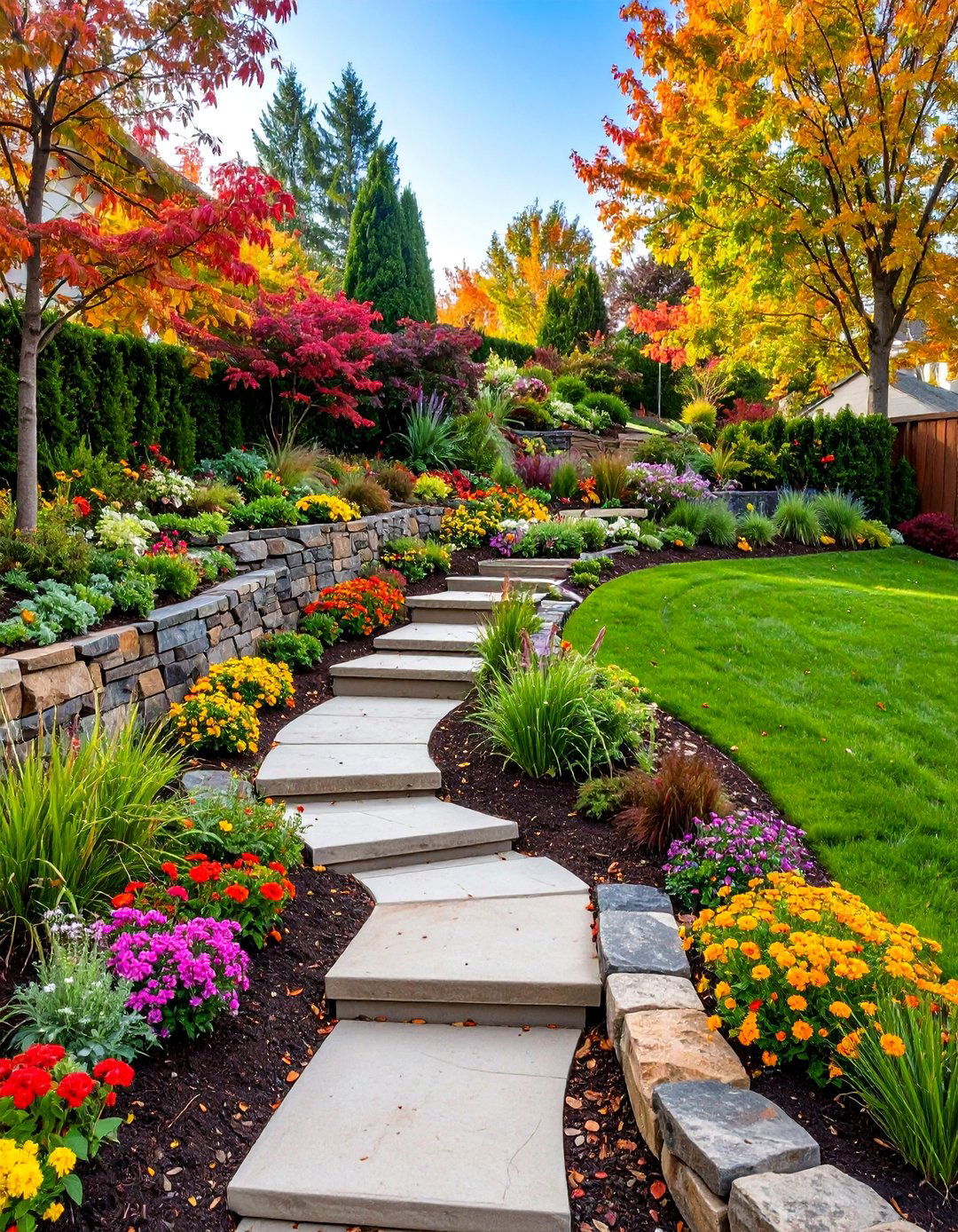 Slope Management Garden with Terraced Plantings - 25 Front Yard Landscaping Ideas