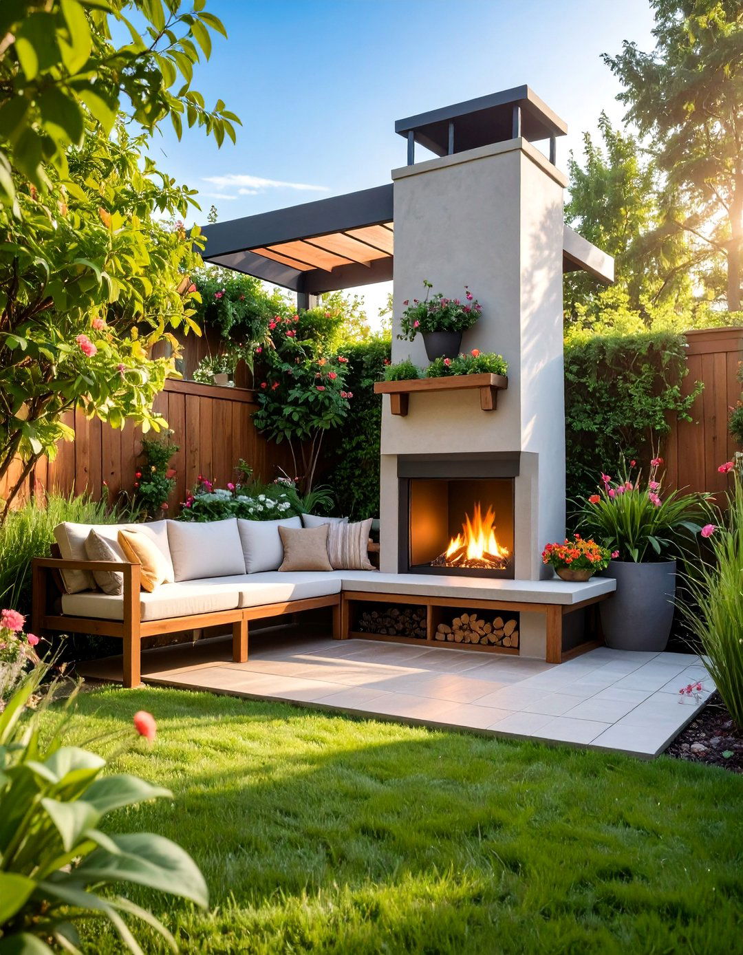Small Space Corner Fireplace with Vertical Design - 25 Outdoor Corner Fireplace Ideas