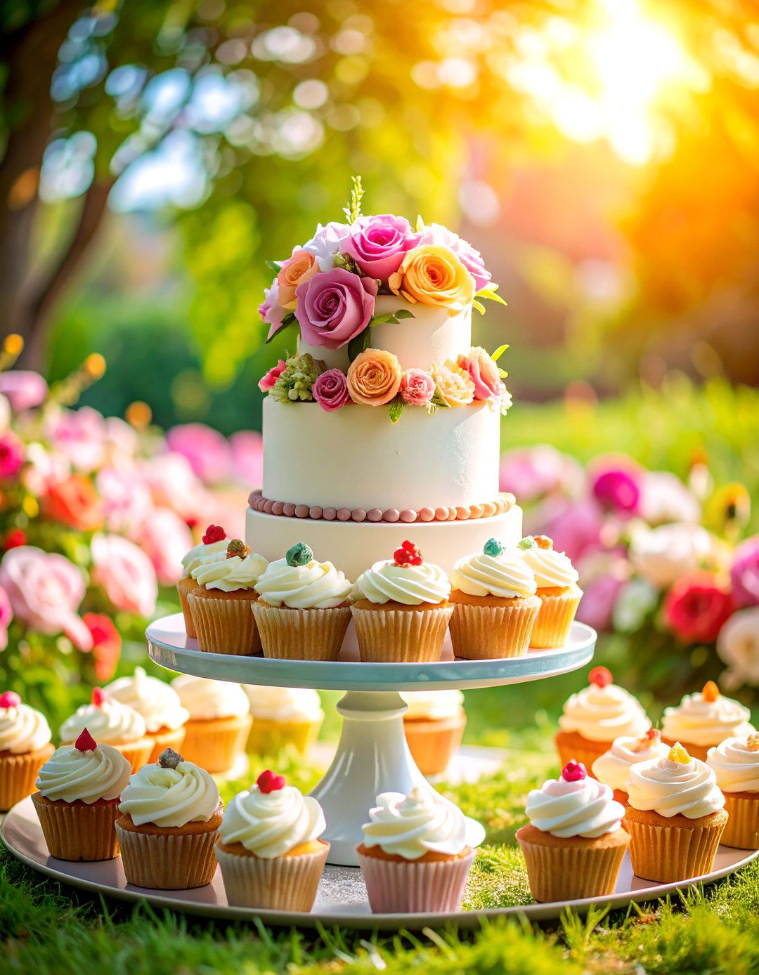 Small Wedding Cake Surrounded by Matching Cupcakes - 25 Small Wedding Cake Ideas