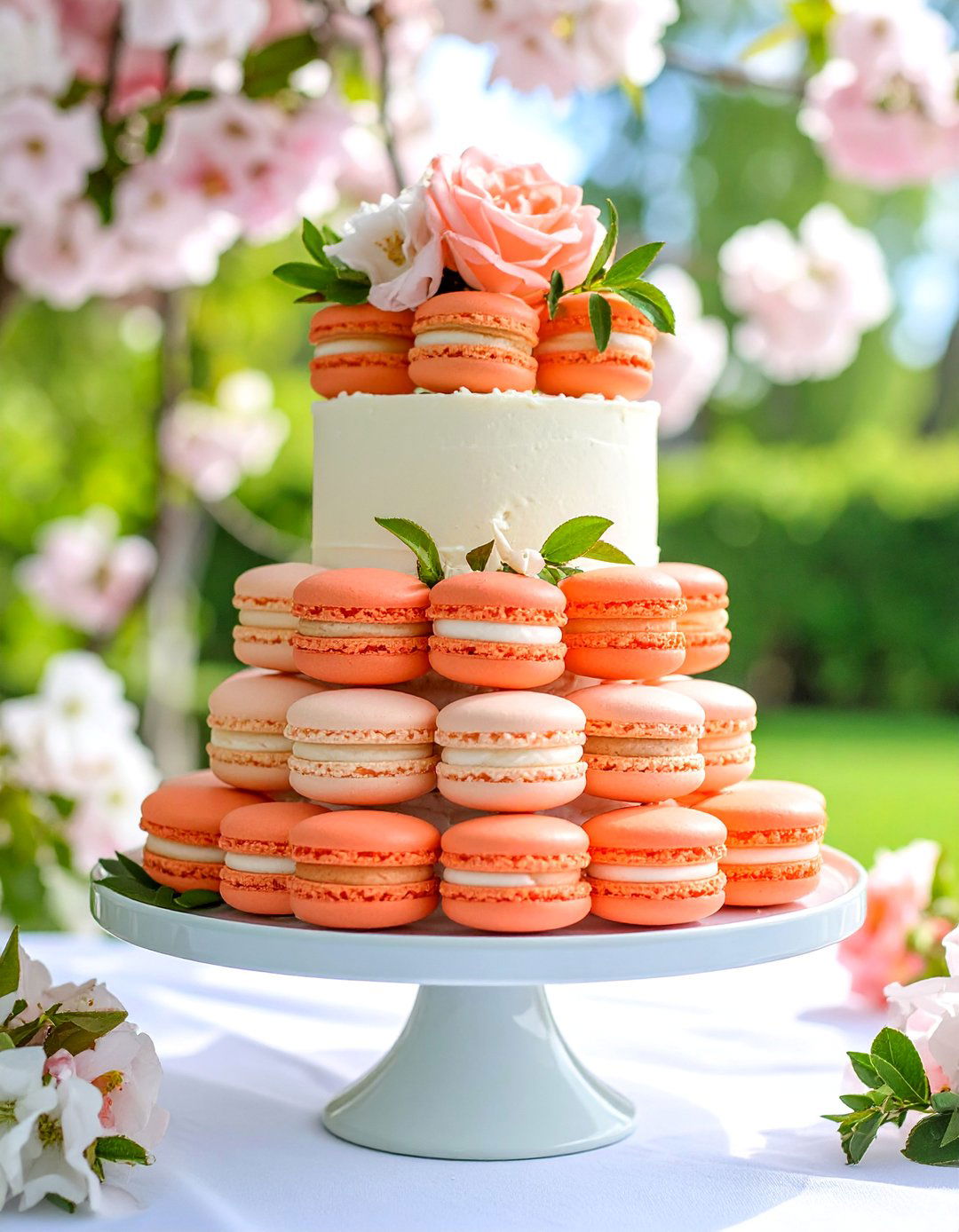 Small Wedding Cake with Macaron Cascade - 25 Small Wedding Cake Ideas